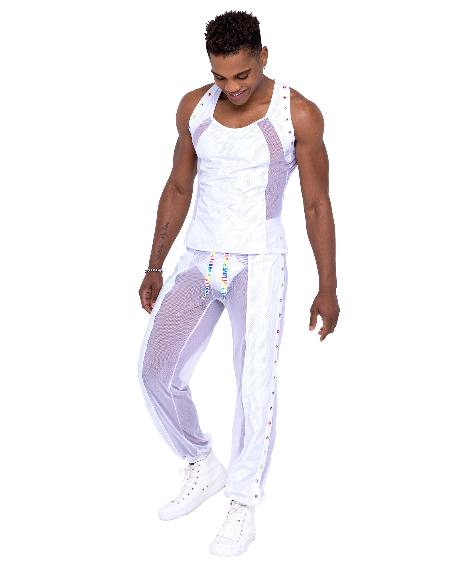 Men’s Pride Vinyl Mesh & Mesh White Joggers