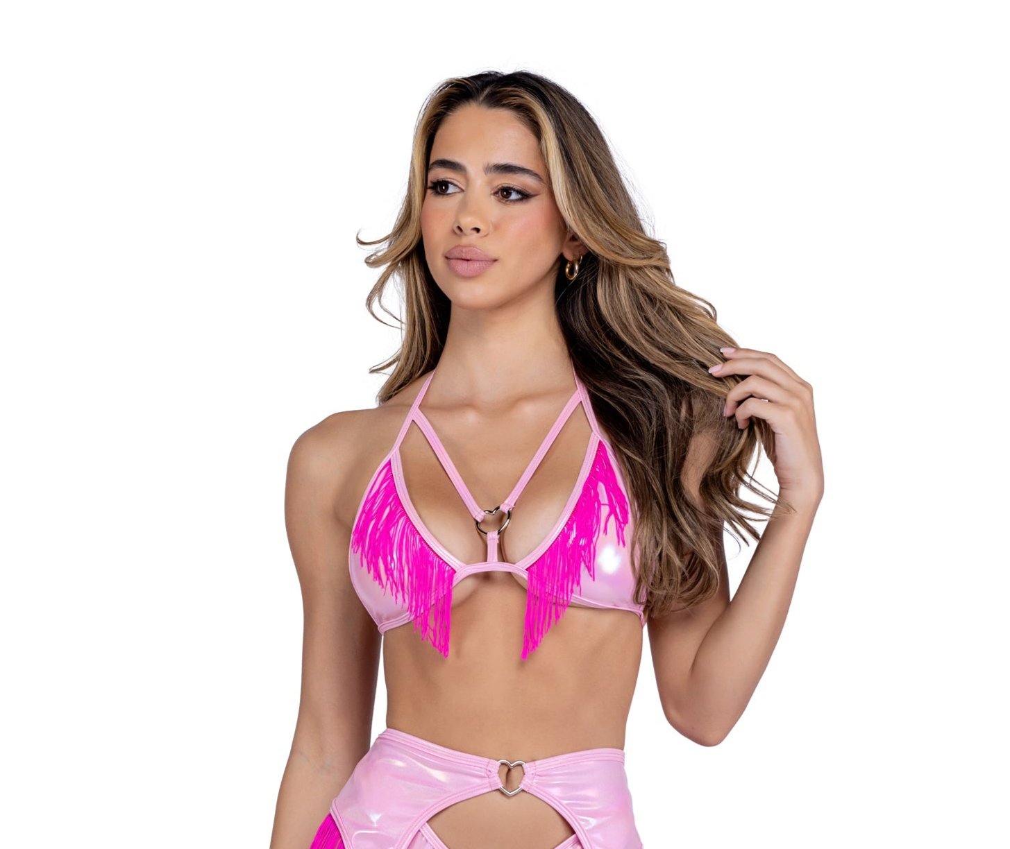 Mirabel Metallic Pink Iridescent Bikini Fringe Top